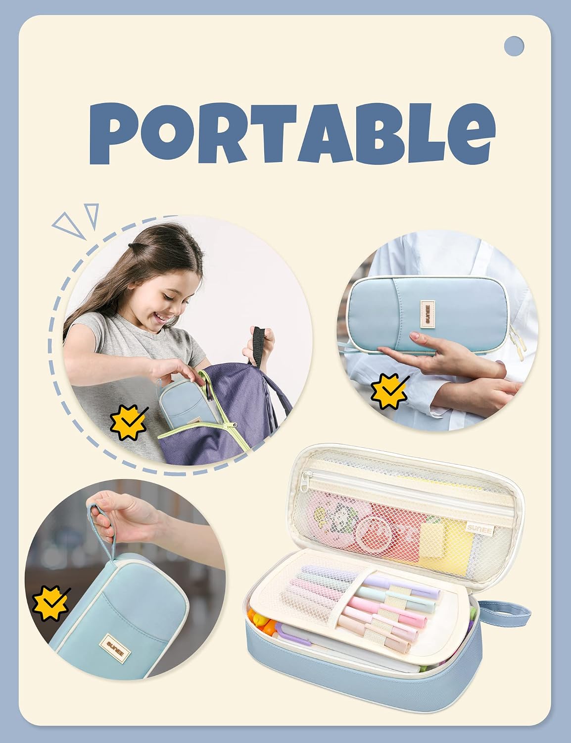 SUNEE Cute Pencil Case. Aesthetic Pen Pouch. Colored Large Pencil Bag with Zipper. Kawaii Stationery Storage and Organizer. School Supplies for Teen and Adult Girls. Blue - Image 6