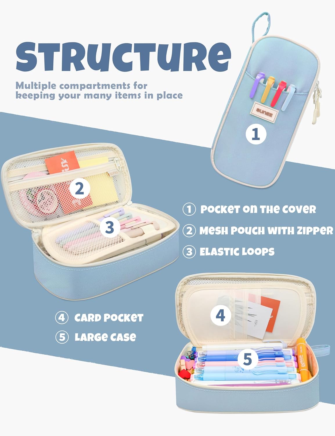 SUNEE Cute Pencil Case. Aesthetic Pen Pouch. Colored Large Pencil Bag with Zipper. Kawaii Stationery Storage and Organizer. School Supplies for Teen and Adult Girls. Blue - Image 3